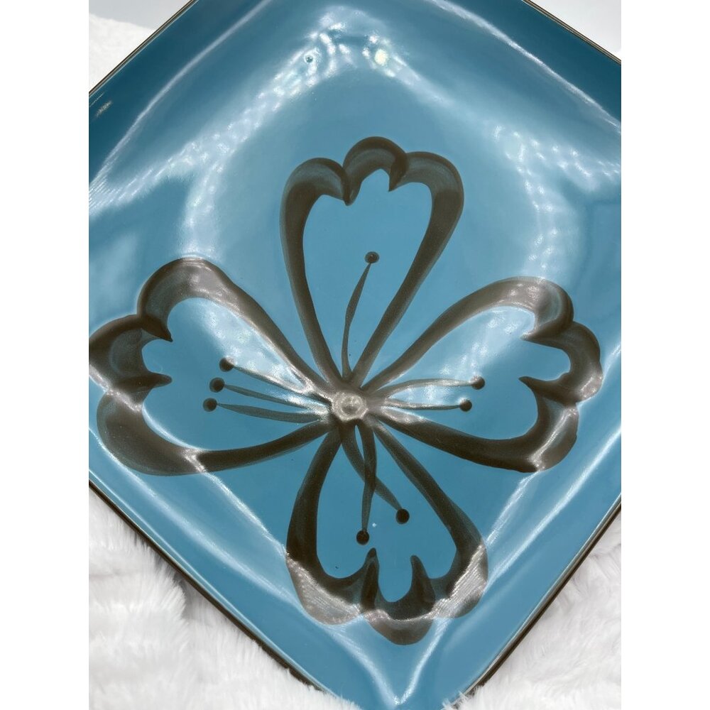 Pier 1 Hibiscus Square Plate Brown Turquois Dinner Discontinued Pattern Set of 4 - Picture 2 of 8
